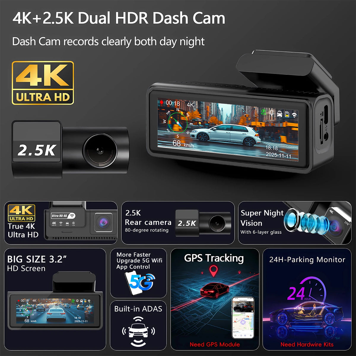 VIRALET Sentinel 4K Dash Cam – WiFi, GPS & 24H Night Vision